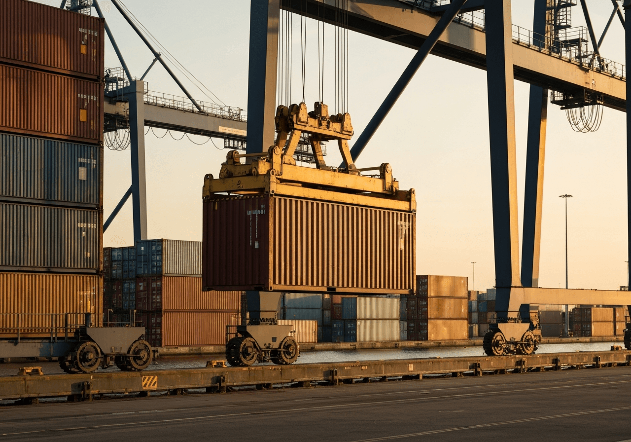 Twenty-foot container being loaded at a European port