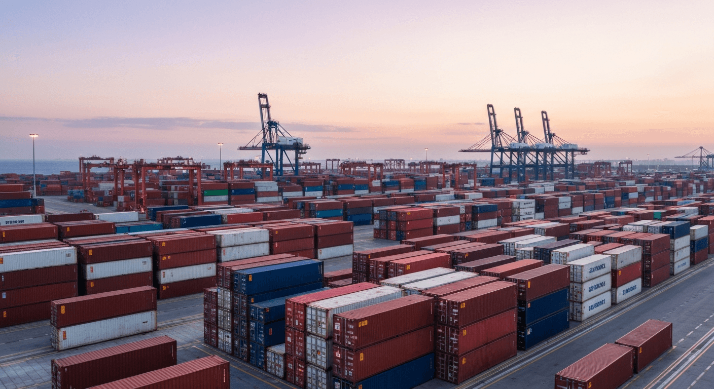 Twenty-foot shipping container being handled at a terminal